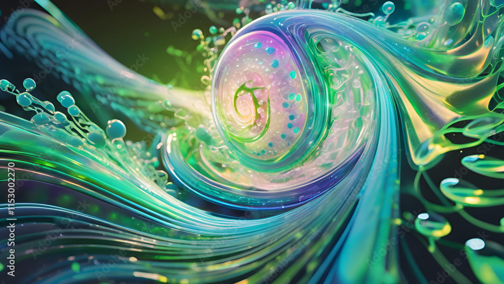 Poster visual depiction of abstract fluid particle dynamics, showcasing innovations in nano medical technol