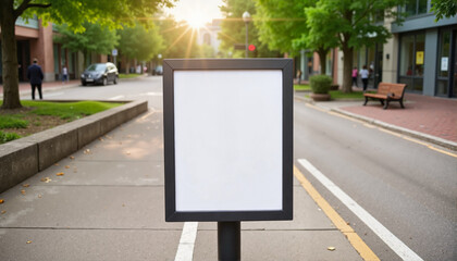 Blank outdoor flyer display on a city street during sunset, urban scene, copy space
