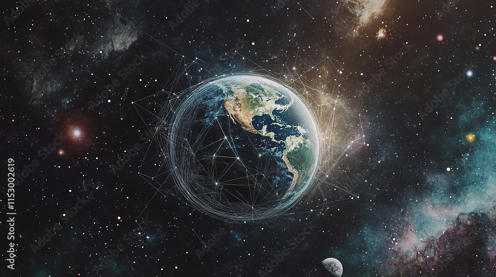 Poster earth surrounded by connection lines and circles in space background