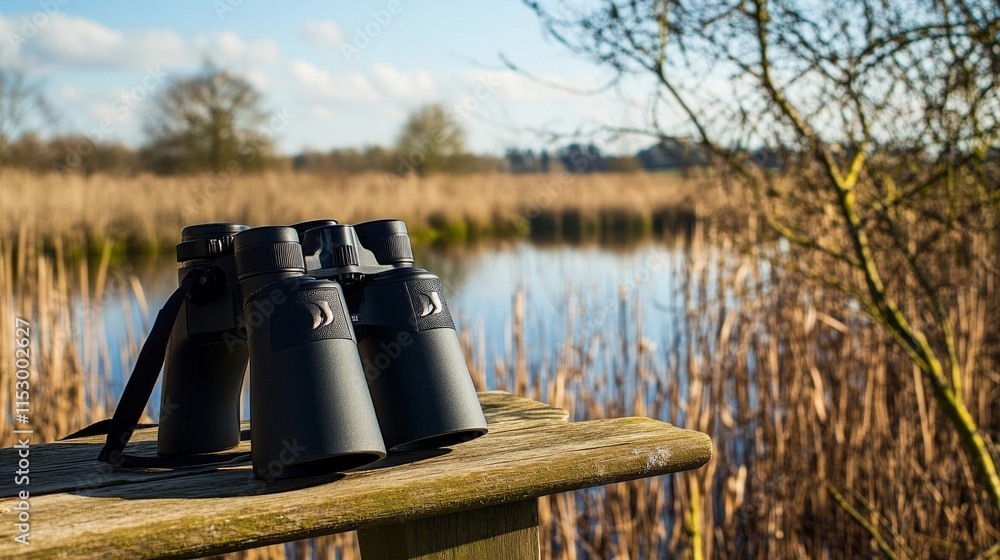 Poster A pristine birdwatching station in a marshland, Binoculars and field guides neatly arranged, Nature enthusiast style