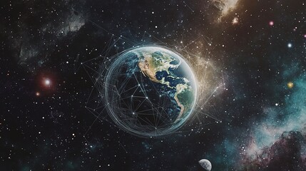 Fototapeta premium Earth Surrounded by Connection Lines and Circles in Space Background