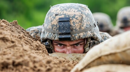 Soldier in Camouflage Uniform Crouching in Muddy Trench During Military Training Exercise