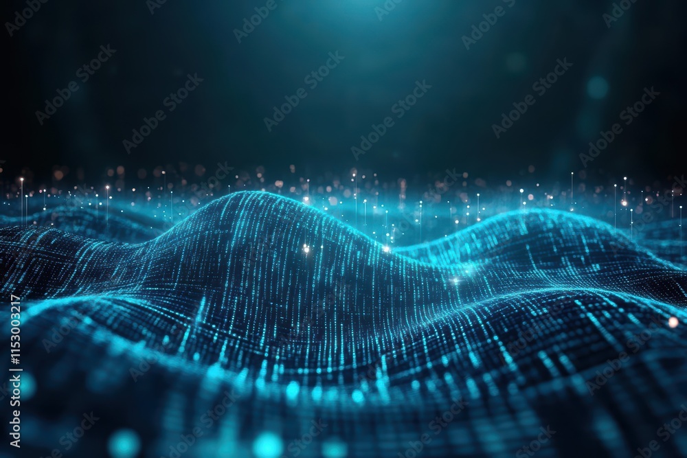 Poster Abstract representation of data streams in cyberspace, glowing binary codes forming wave patterns, futuristic style, monochromatic blue palette, high detail