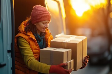 Action shot of a delivery worker securing packages inside a van, warm golden light, front view, vibrant and crisp