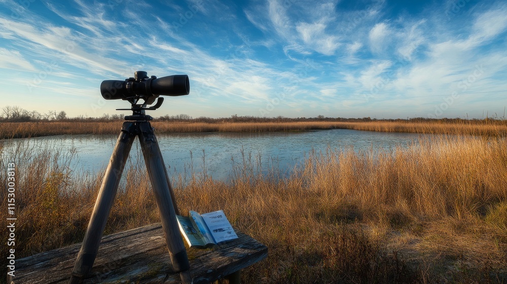 Poster A pristine birdwatching station in a marshland, Binoculars and field guides neatly arranged, Nature enthusiast style