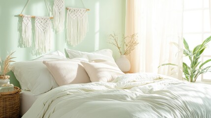 Bohemian bedroom design mint green aesthetic interior decor cozy environment natural lighting modern concept
