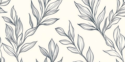 Elegant seamless pattern with hand-drawn gray leaves on a beige background.
