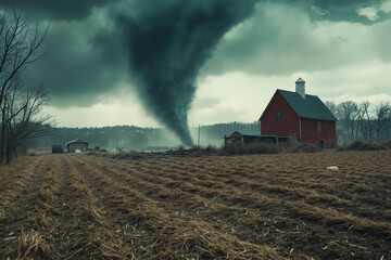 A tornado is seen in the distance behind a red barn