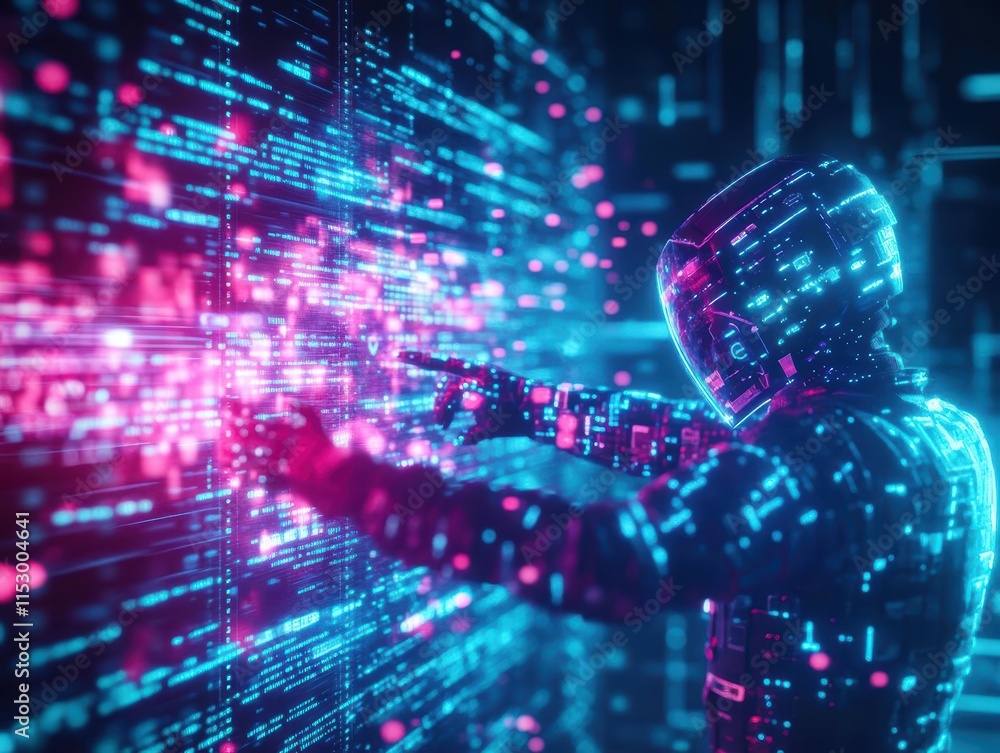 Poster animationinspired style cyber warrior fighting against a swarm of data breaches, emphasizing online 