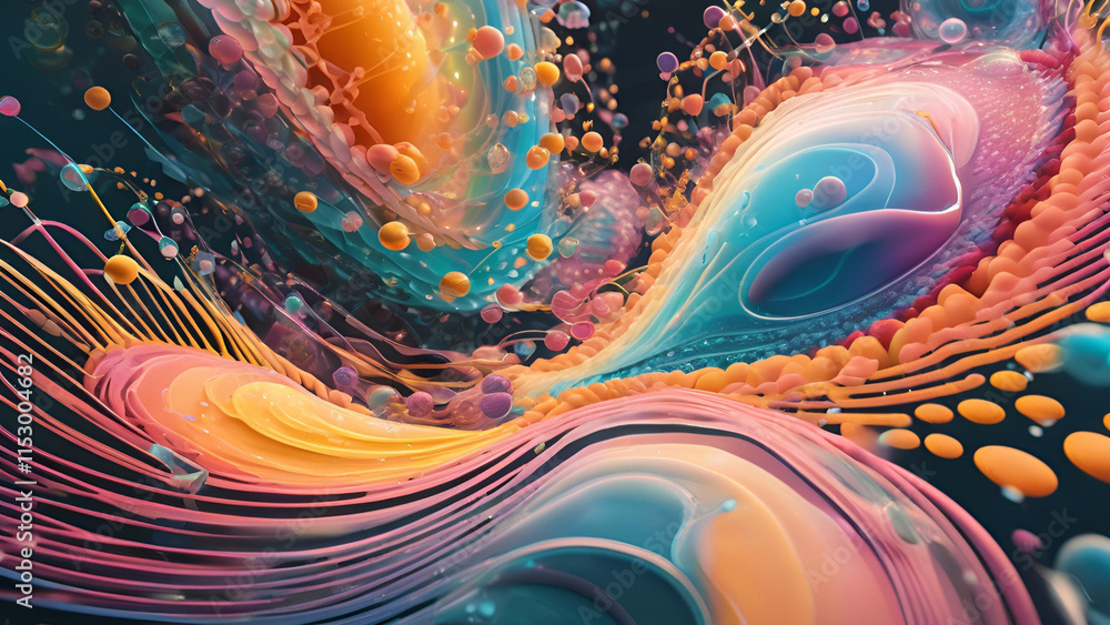 Poster an abstract vector design capturing the flow of fluid particles, underlining the role of nano medica