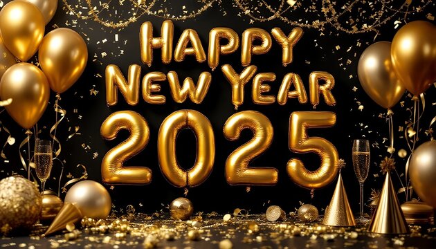 Happy New Year 2025! Celebrate the upcoming year with gold balloons, confetti, and champagne flutes. A glamorous and festive scene perfect for holiday greetings.