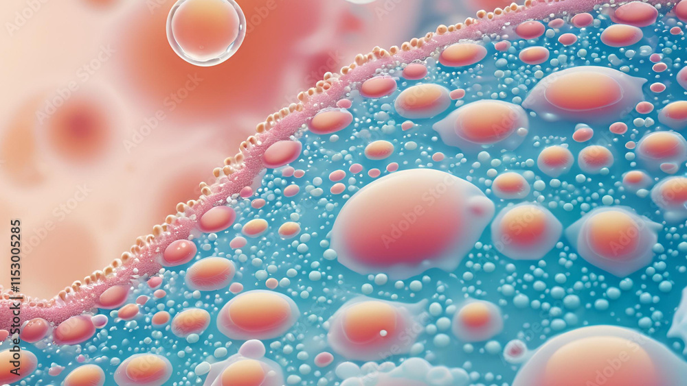Poster fluid particle flow illustrated in an abstract vector format, emphasizing advancements in nanomedici