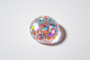 Obraz premium A small acrylic button with embedded glitter sparkling on a crisp white background.