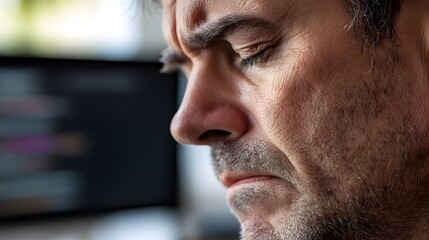 Fototapeta premium Frustrated developer at computer, facing challenges in coding and debugging, embodies the perseverance and resilience required in the tech industry