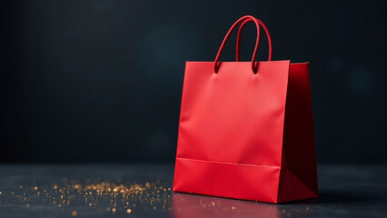 Beautiful red shopping bag on a dark background. Banner