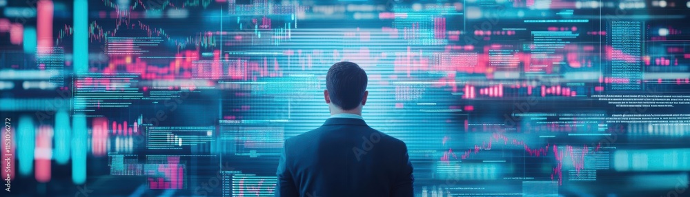Poster businessman surrounded by floating graphs and financial charts illustrating great investment opportu
