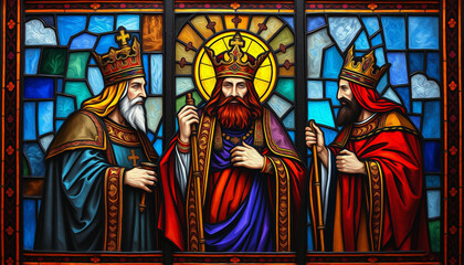 Fototapeta premium Three Kings. Artistic illustration painted with oil paint. Colorful stained glass. Christmas card and cover design