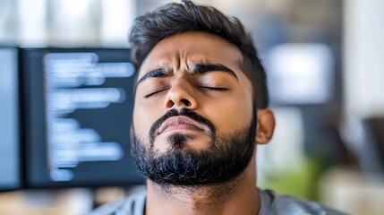 Frustrated developer at computer, facing challenges in coding and debugging, embodies the perseverance and resilience required in the tech industry