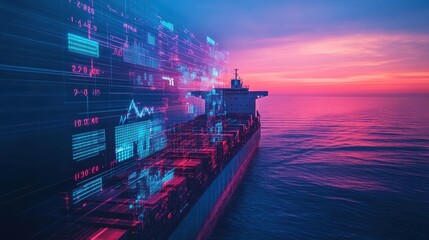 Obraz premium Cargo ship at twilight with digital financial graphs projected over the hull, dynamic contrast, cinematic angle