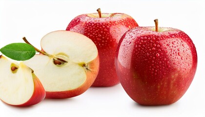 A collection of apples with water droplets and sliced pieces, isolated on a white background. Includes clipping path.