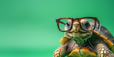 Turtle with Glasses on Green Background