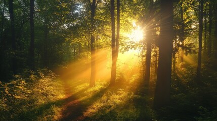 Fototapeta premium Sunrise through the trees in a lush green forest. Golden rays of light shining through the foliage, creating a magical atmosphere.