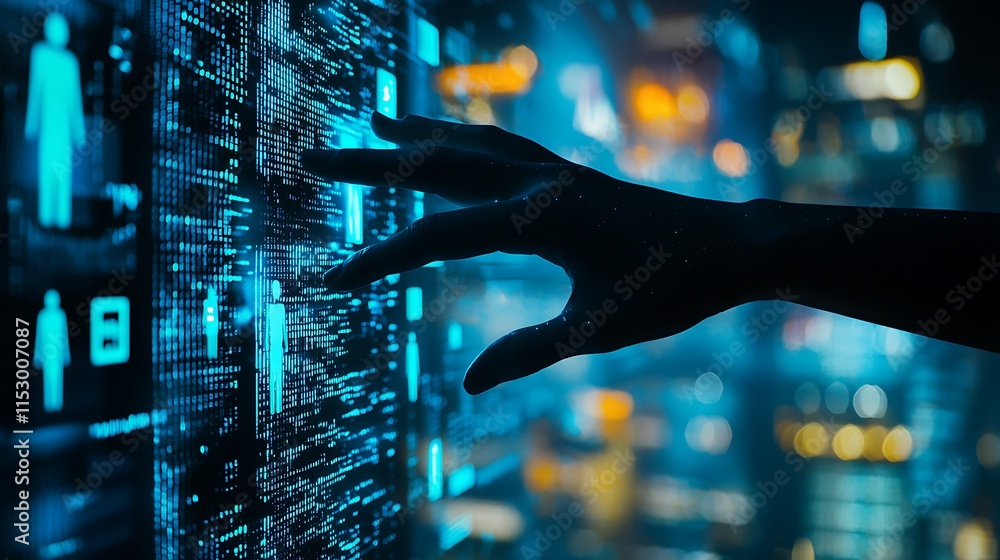Poster hand interacting with a futuristic data interface showing profiles