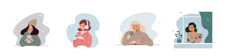 Set of winter avatars of beautiful young women with a cup of coffee. Female portraits collection for social network. Cute cartoon girls enjoying life.