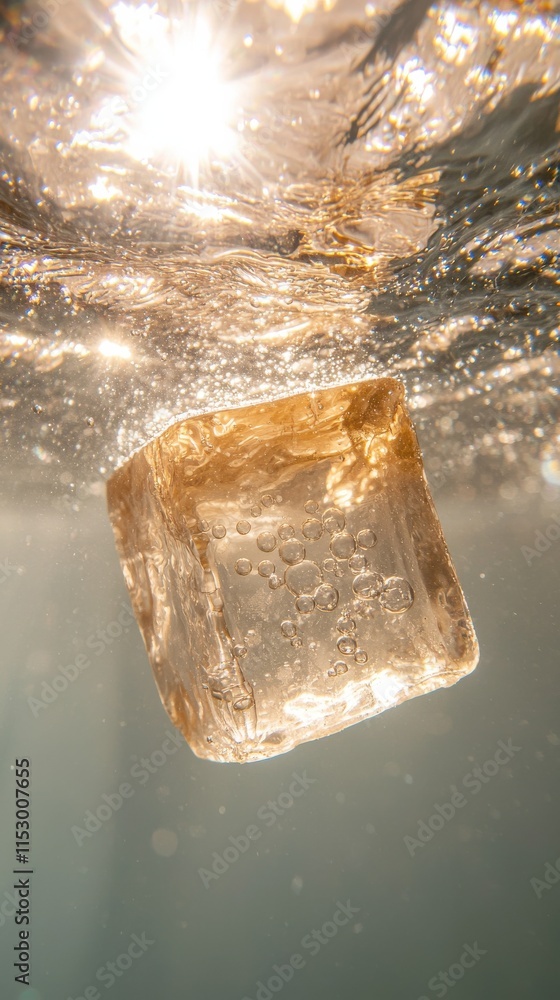Poster melting ice cube floating in water underwater scene nature calm environment close-up concept of temp