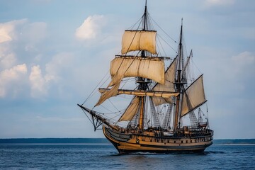 A majestic sailing ship navigating calm waters.