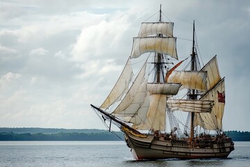 A majestic sailing ship navigating calm waters.