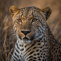 Fototapeta premium majestic leopard portrait on Savana blurred background powerful wildlife photography.