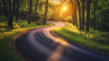 Obraz premium Winding road through lush forest sunrise landscape photography nature tranquil view