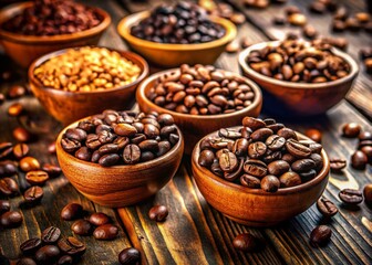 Fototapeta premium Aromatic Coffee Bean Varieties: A Diverse Collection in Bowls
