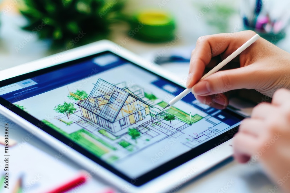 Poster Digital tablet with an open architecture app displaying a miniature house, hands sketching modifications with a stylus, detailed closeup