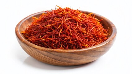 Fototapeta premium Aromatic Saffron Spice in Rustic Wooden Bowl - Top View Flat Lay on White Background