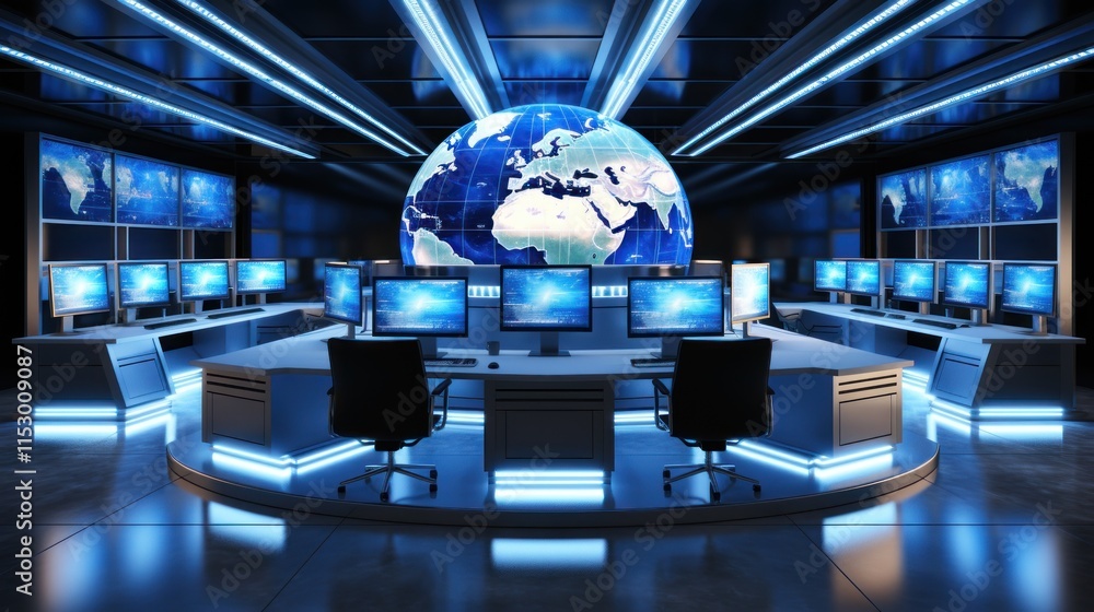 Aufkleber global monitoring center: futuristic command room with advanced technology
