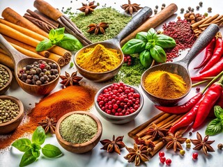 Aromatic Spices and Herbs Assortment on White Background - Culinary Photography