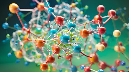 An illustration showcasing a molecular model in three dimensions. The science-themed background includes an array of molecules and atoms