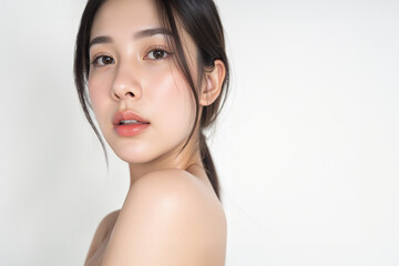 Realistic Generative AI of Asian woman with shinny face skin on white background, sideview, Free space for text.