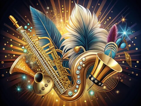 Art Deco 1920s Party Flyer Design: Metallic Beadwork, Feathers & Jazz