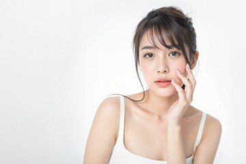 Fototapeta premium Realistic Generative AI of Asian woman with camisole touching her face on white background, Free space for text.