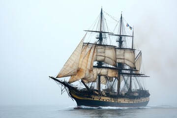 A majestic sailing ship navigating through foggy waters.