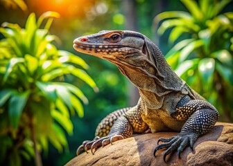 Obraz premium Asian Water Monitor Lizard Sunbathing on Rock, Rule of Thirds Composition
