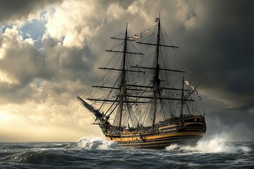 A majestic sailing ship navigating turbulent seas.