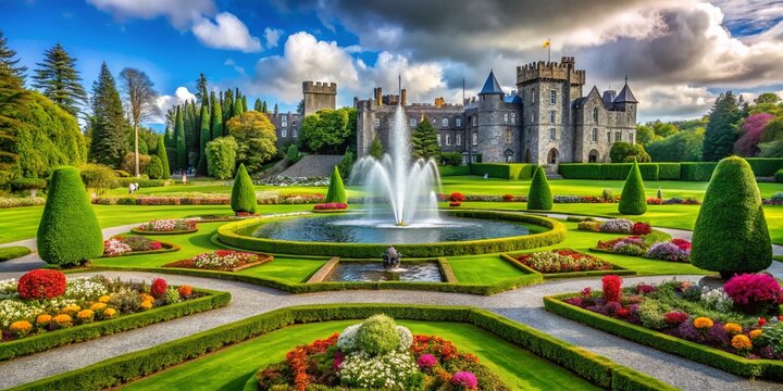 Ashford Castle Gardens: Majestic Fountain & Lush Greenery - Ireland Stock Photo
