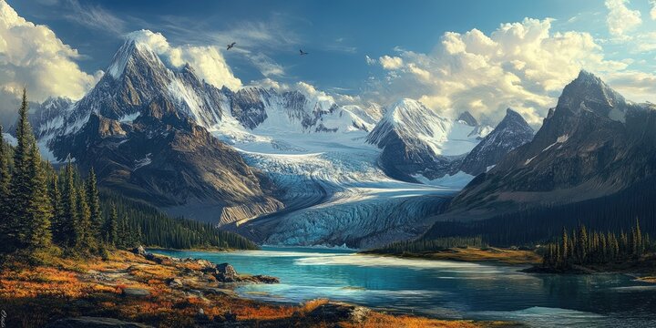Majestic melting glacier contrasted by stunning mountain backdrop, showcasing the beauty and fragility of nature as the melting glacier highlights environmental changes in this breathtaking landscape.