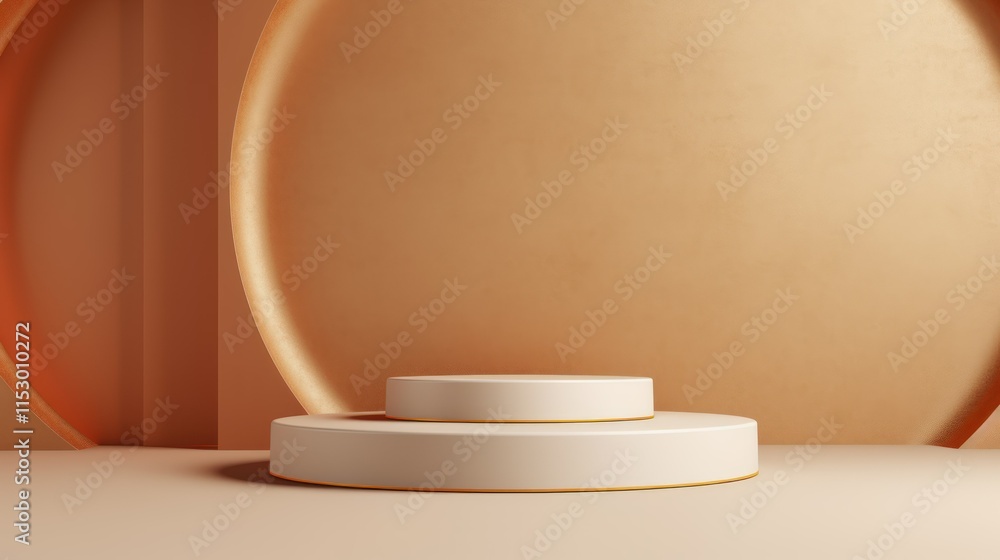 Poster minimalist display scene with a three-tiered circular pedestal in a warm golden environment perfect 