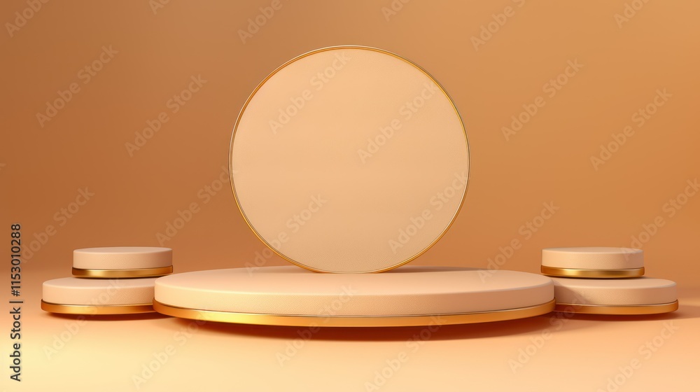 Poster minimalistic display platform with round pedestals in soft peach tones and elegant gold accents for 