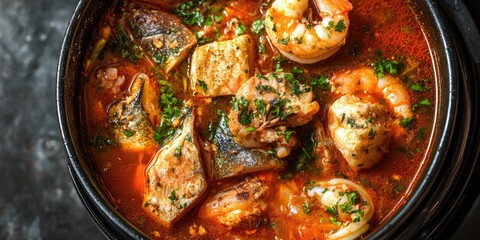 Delicious traditional Cajun court bouillon featuring fish and seafood, showcased as a top view in a pot, ready to be enjoyed. Experience the rich flavors of this Cajun stew 